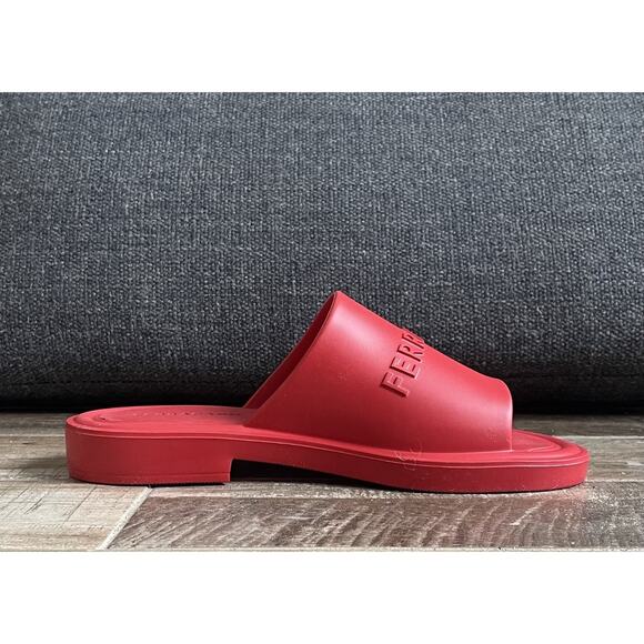 $995 NIB Ferragamo Mens Giuneva Logo Red Embossed Slides US Size 12 E